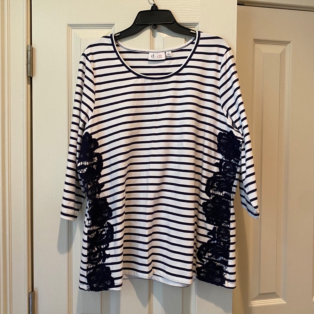 Denim & Co Navy stripe shirt with crochet detail